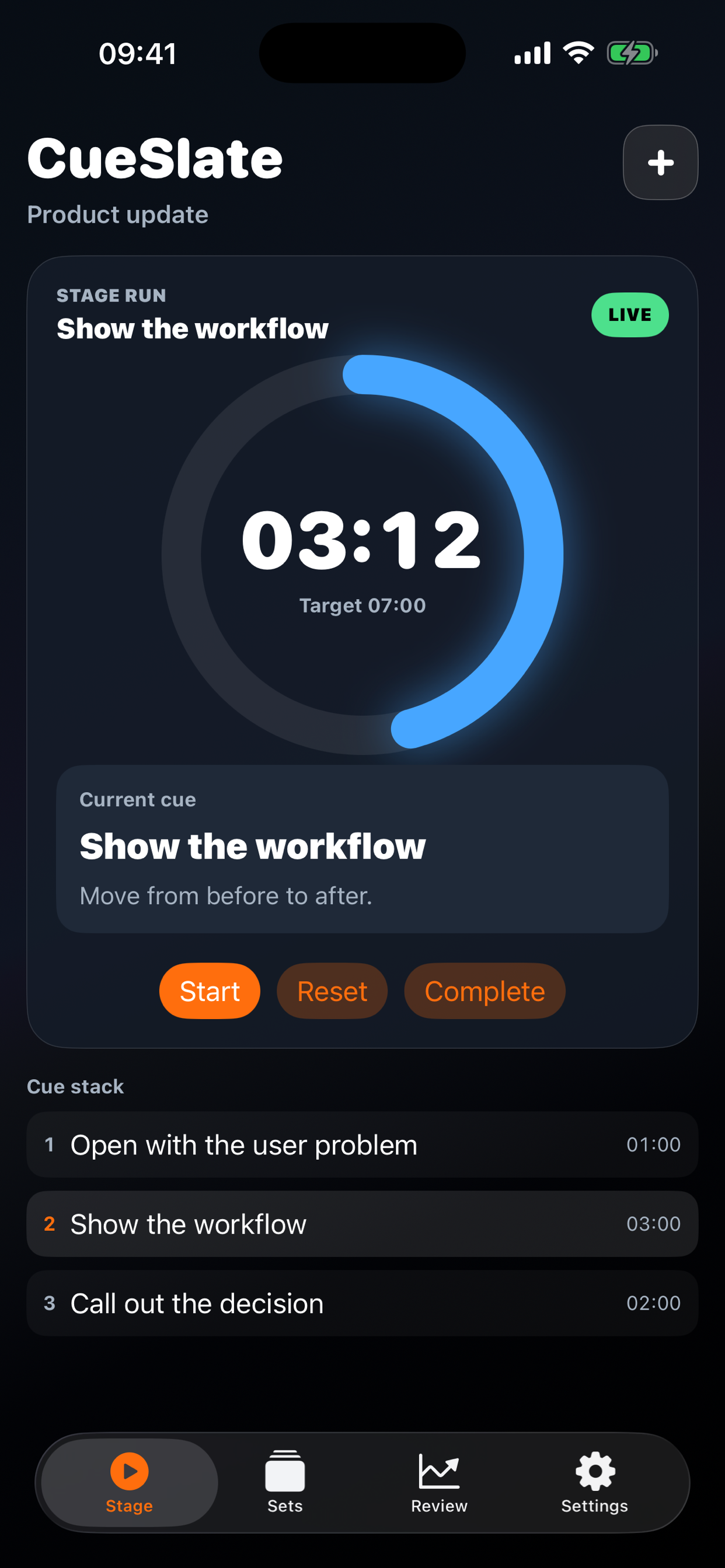 CueSlate Stage timer screen